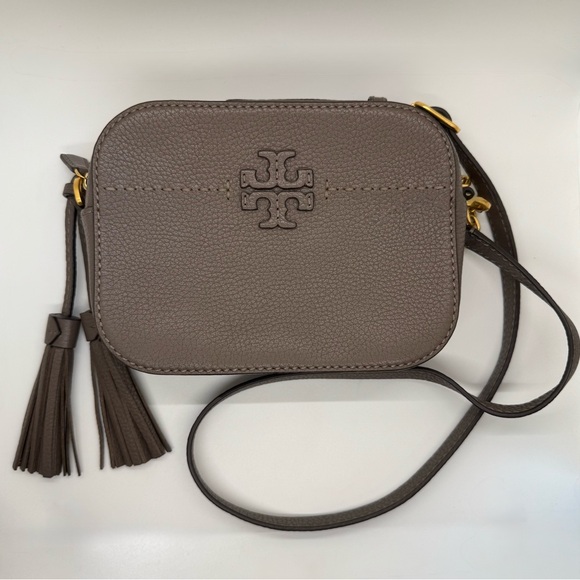Tory Burch Handbags - Tory Burch McGraw Pebbled Leather Camera Bag Silver Maple